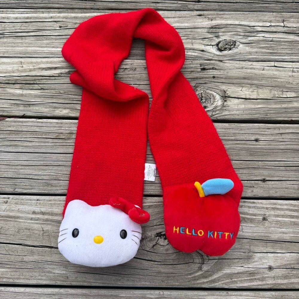 2003 Sanrio Hello Kitty Red Knit Scarf with Plush Apple
